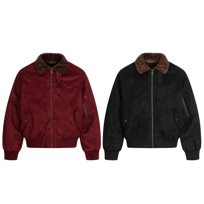 Front view of burgundy and black suede-effect bomber jackets with brown faux fur collars and ribbed cuffs