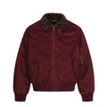 Men's oversized padded bomber jacket with faux fur collar in burgundy and black, suede-effect shell with antique brass zip
