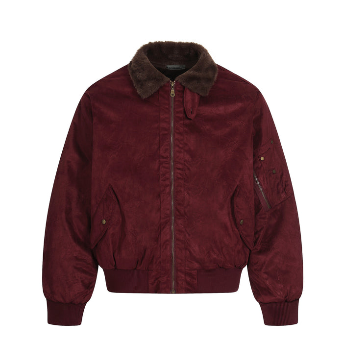 Men's oversized padded bomber jacket with faux fur collar in burgundy and black, suede-effect shell with antique brass zip