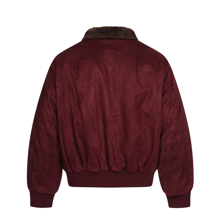 Back view of a burgundy suede-effect bomber jacket with a brown faux fur collar and ribbed hem