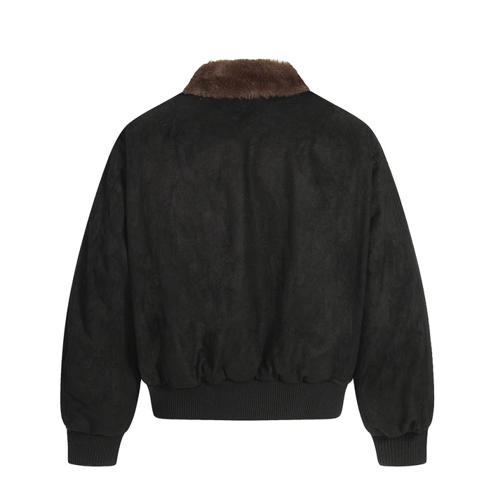 Back view of a black suede-effect bomber jacket with brown faux fur collar and ribbed hem
