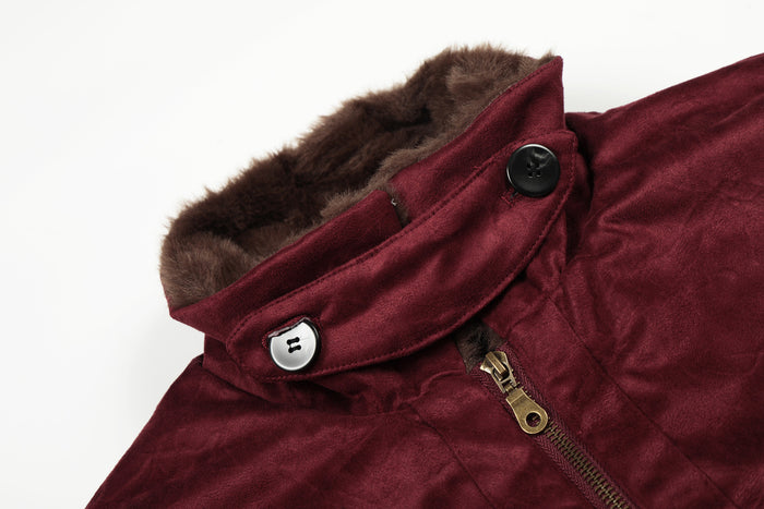 Close-up of the burgundy bomber jacket collar showing brown faux fur, snap buttons, and front zipper