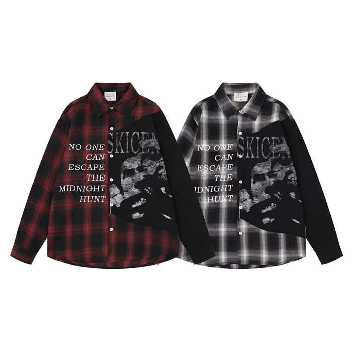 Two plaid colorblock button-up shirts in red-black and gray-black, with contrasting black sleeves and skull graphics
