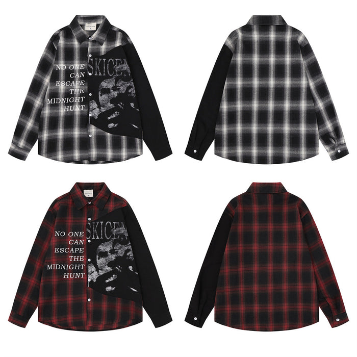 Men's oversized plaid colorblock flannel shirt with skull graphic panel and black sleeves, shown in black/white and red/black