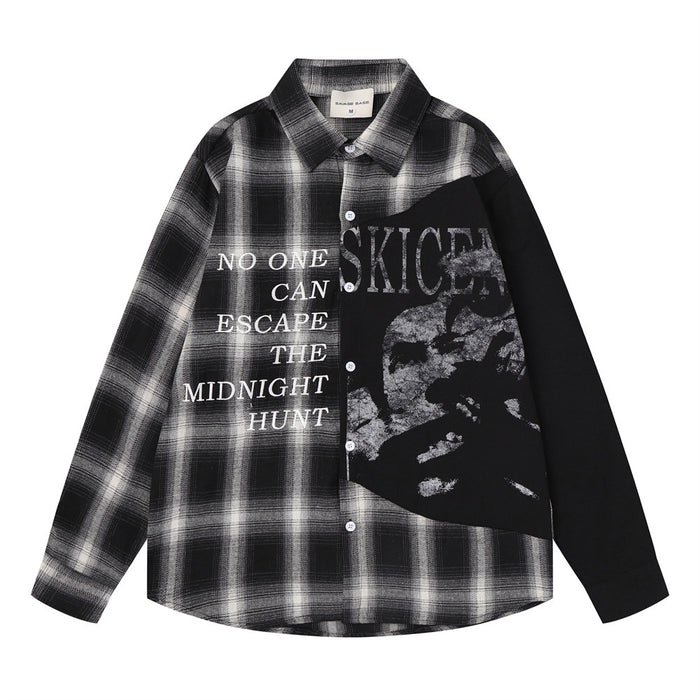 Front view of a gray-black plaid button-up shirt with black sleeves, white text, and a distressed skull graphic