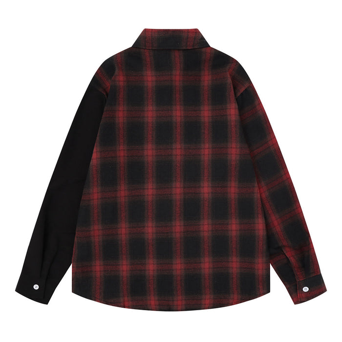 Back view of the red-black plaid shirt showing the full plaid pattern, black left sleeve, collar, and buttoned cuffs