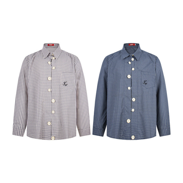 Two oversized plaid button-down shirts shown from the front in light beige and blue, each with long sleeves and chest pocket