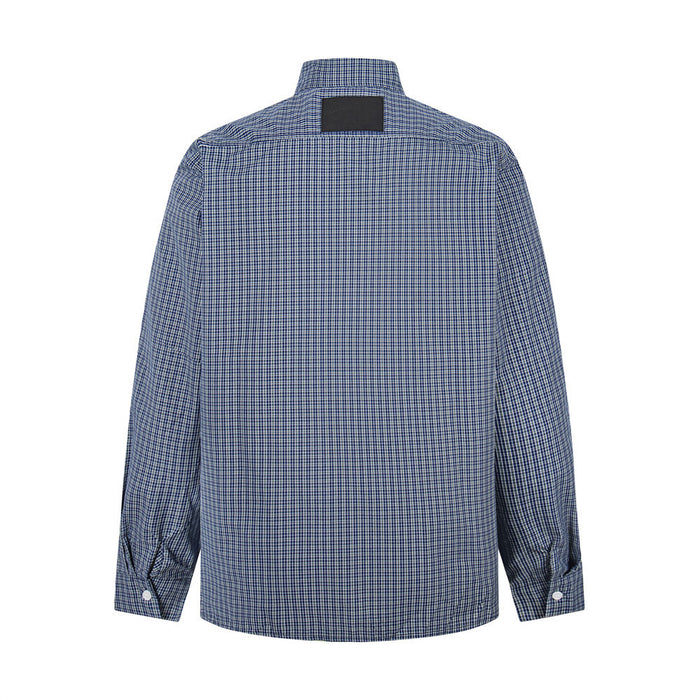 Blue plaid long-sleeve button-down shirt shown from the back with a collar, yoke seam, and buttoned cuffs