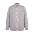 Light beige plaid long-sleeve button-down shirt shown from the front with cream buttons and a chest pocket