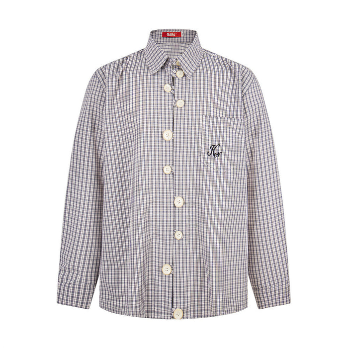 Light beige plaid long-sleeve button-down shirt shown from the front with cream buttons and a chest pocket