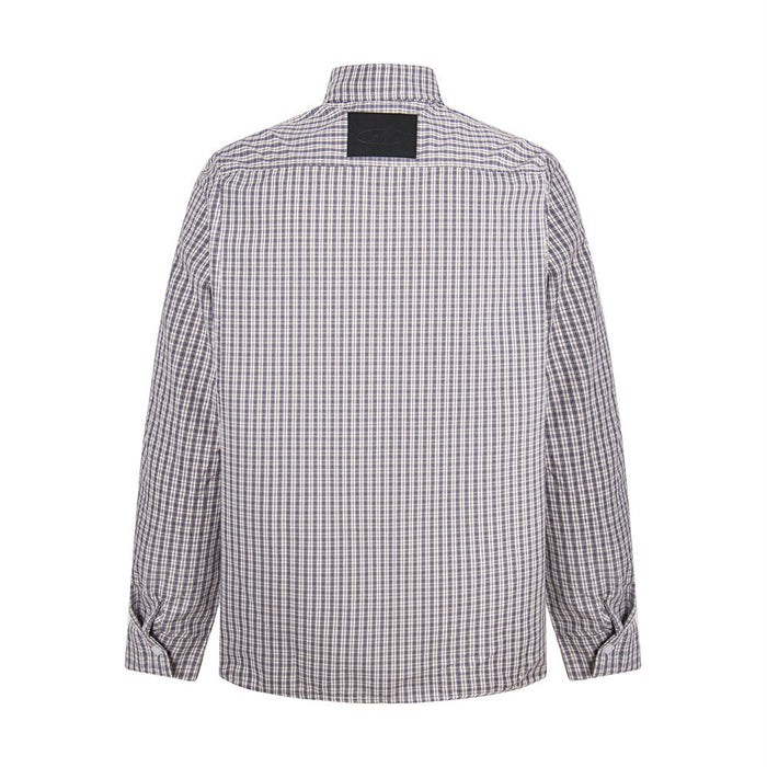 Light beige plaid button-down shirt shown from the back with a collar, yoke seam, and long sleeves