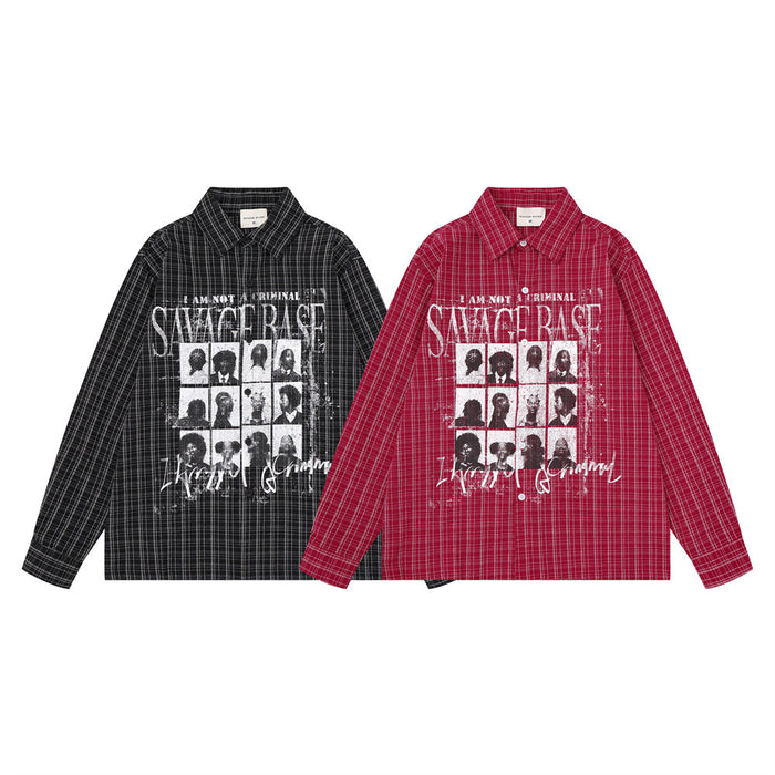 Black and red plaid long sleeve shirts with button collars and large white grid portrait graphics