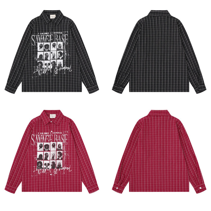 Front and back views of black and red plaid long sleeve shirts with printed front graphics