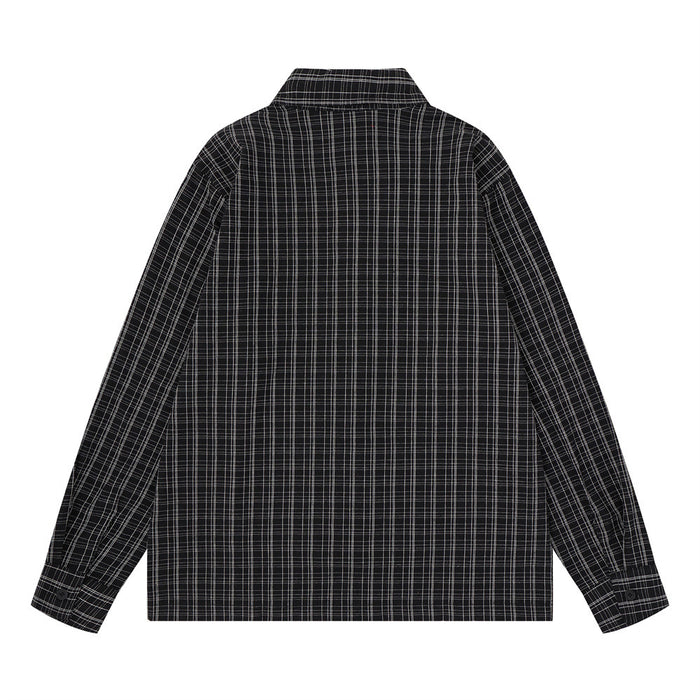 Back view of a black plaid long sleeve shirt showing the allover thin white check pattern