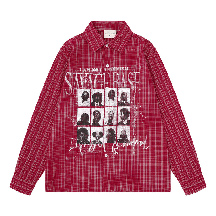 Front view of a red plaid button-up shirt with a large white portrait grid graphic