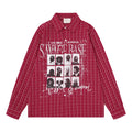 Front view of a red plaid button-up shirt with a large white portrait grid graphic