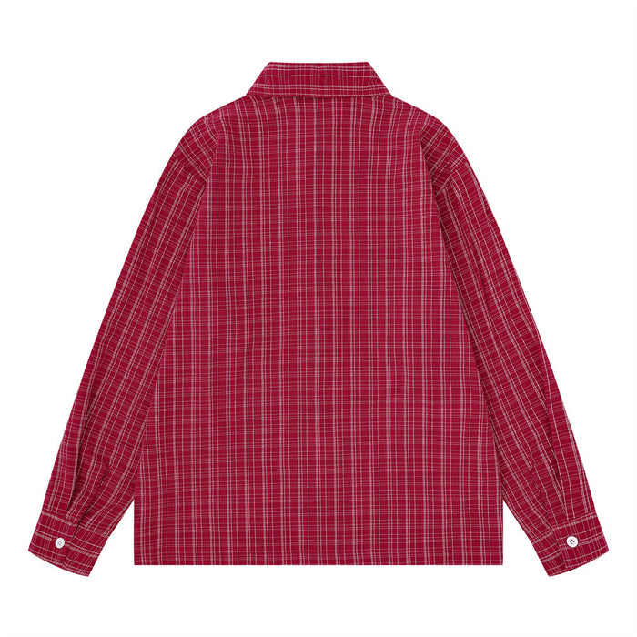 Back view of a red plaid long sleeve shirt showing the allover thin white check pattern