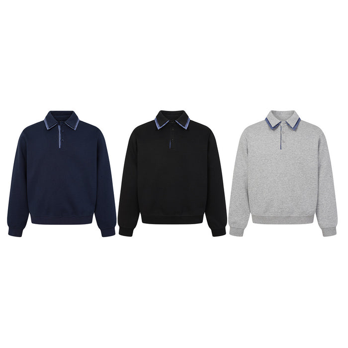 Three long-sleeve polo collar sweatshirts in navy, black, and gray with blue plaid trim