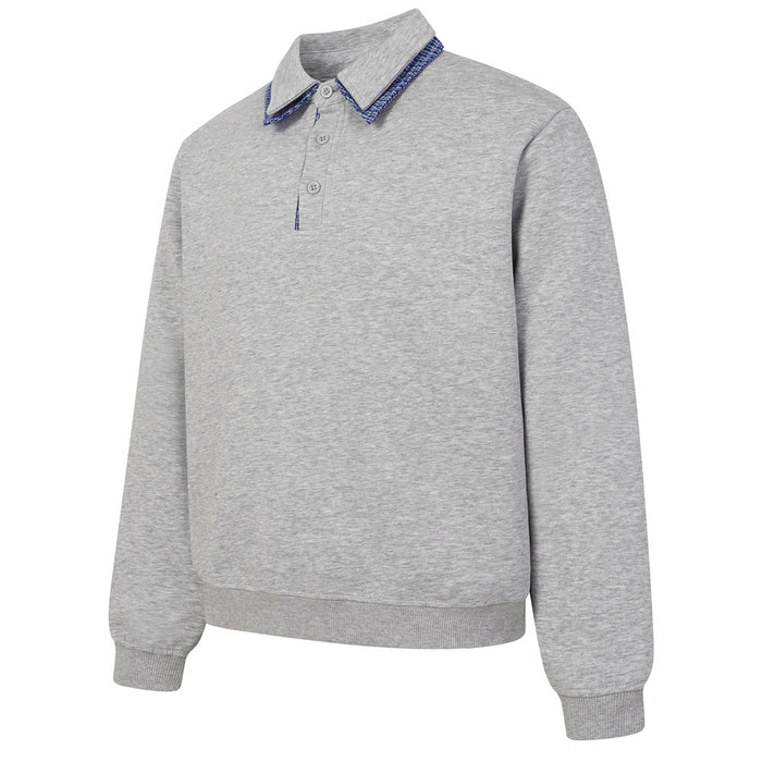 Gray long-sleeve polo sweatshirt shown from the front with a blue plaid-trimmed collar and button placket