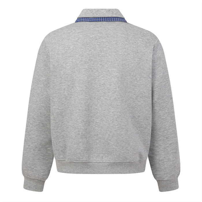 Back view of the gray polo sweatshirt showing the plain body and blue plaid trim beneath the collar