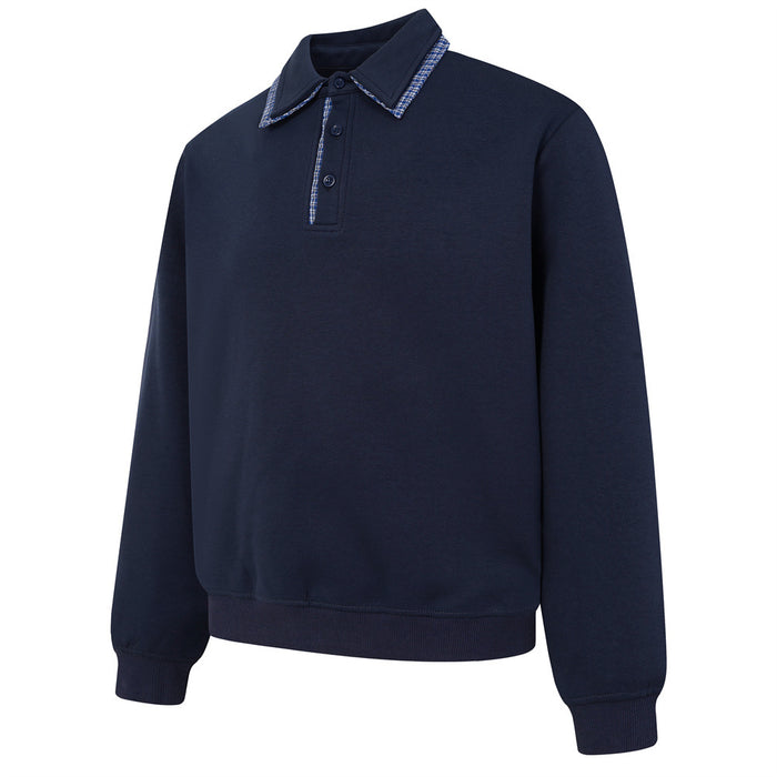 Angled front view of a navy polo sweatshirt with blue plaid collar trim and long sleeves