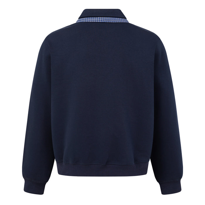 Back view of the navy polo sweatshirt with blue plaid trim visible beneath the collar and ribbed hem