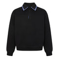 Black long-sleeve polo sweatshirt front with blue plaid-trimmed collar, button placket, and ribbed cuffs