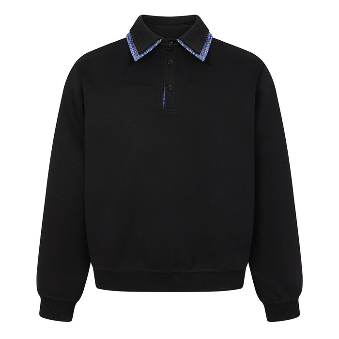Black long-sleeve polo sweatshirt front with blue plaid-trimmed collar, button placket, and ribbed cuffs