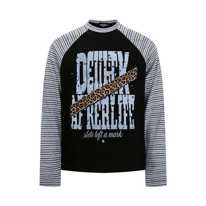 Men's black raglan long-sleeve tee with grey striped sleeves and distressed DEURK AFTERLIFE graphic print on chest