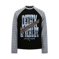 Men's black raglan long-sleeve tee with grey striped sleeves and distressed DEURK AFTERLIFE graphic print on chest