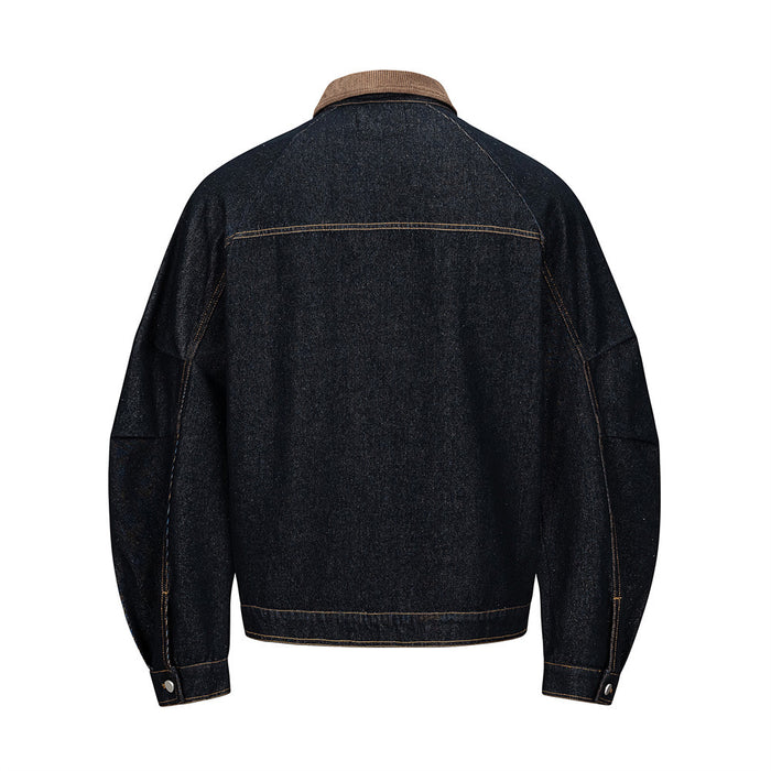 Back view of a dark denim jacket with brown corduroy collar and contrasting gold stitching