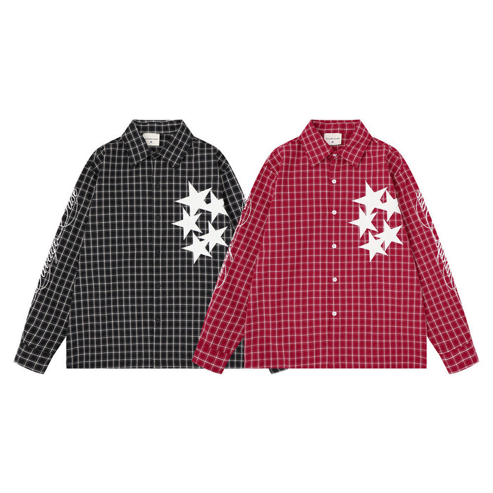 Oversized plaid long-sleeve button-up shirt with white star patch appliqués on chest, shown in red and black colorways