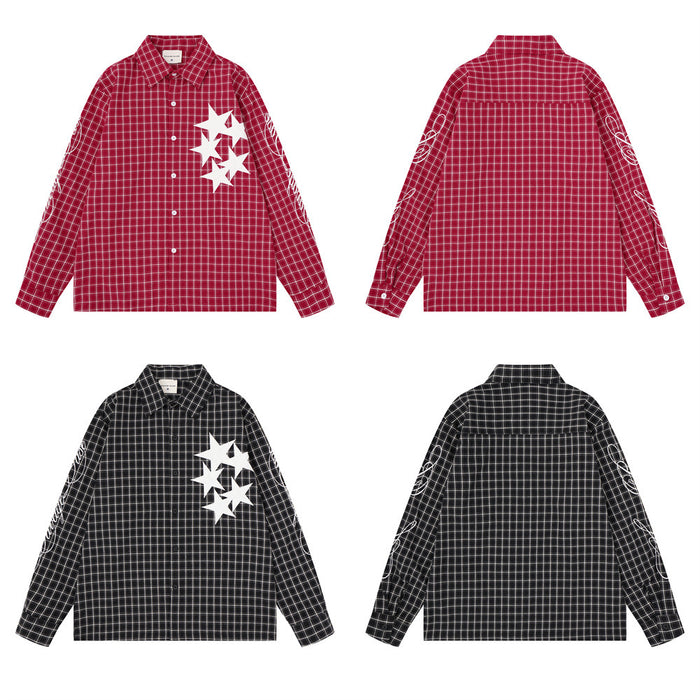 Red and black plaid button-up shirts shown from front and back, with white star patches and sleeve graphics