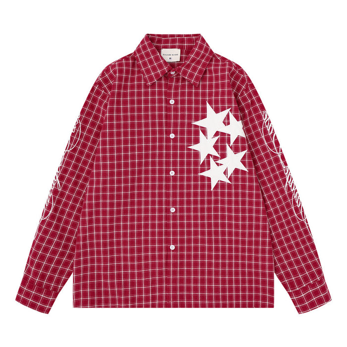 Front view of a red plaid long-sleeve button-up shirt with four white star patches on the chest