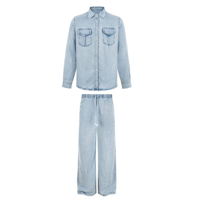 Men's relaxed fit light wash denim shirt with two chest pockets and matching wide-leg denim pants set