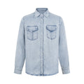 Light wash denim shirt front with pointed collar, button placket, long sleeves, and two flap chest pockets