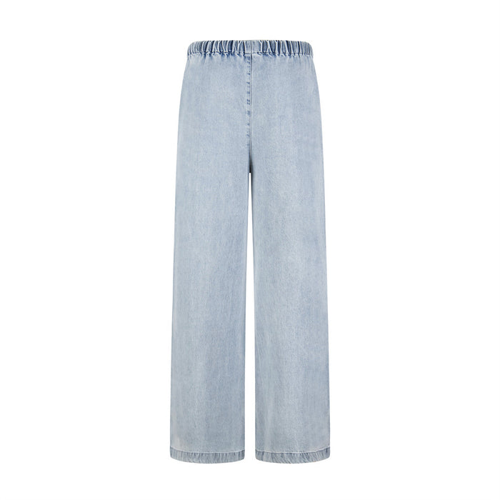 Light wash wide-leg denim pants back with a plain design, elastic waistband, and full-length hems