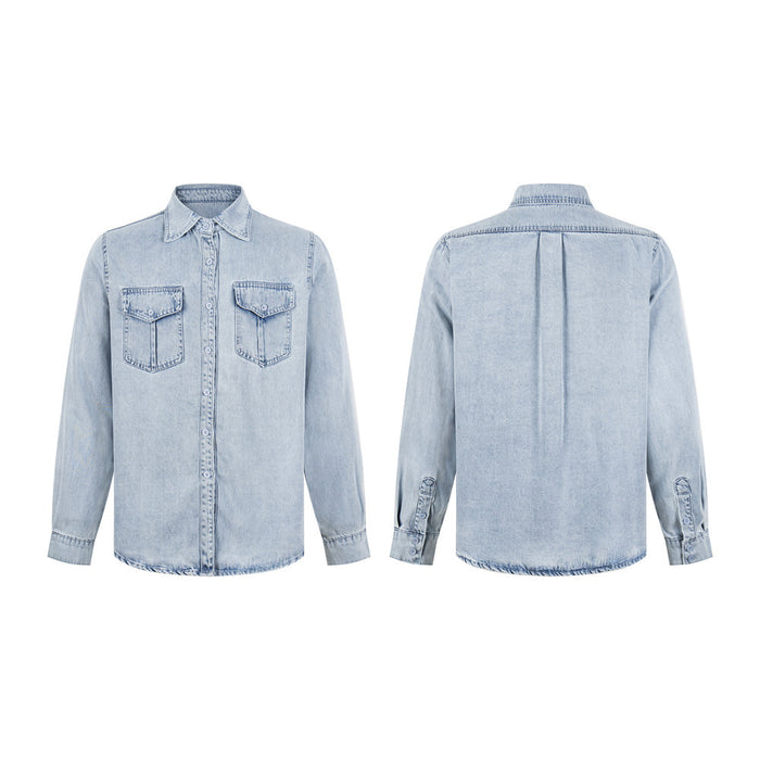 Light wash denim shirt shown front and back beside matching wide-leg pants