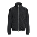 Men's black and charcoal striped stand-collar zip-up jacket with silver grommet hardware at shoulders and ribbed hem