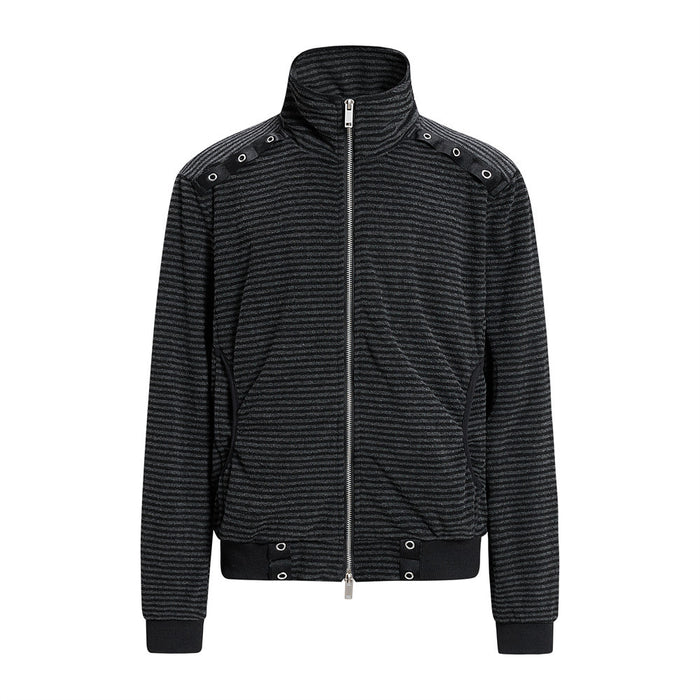 Men's black and charcoal striped stand-collar zip-up jacket with silver grommet hardware at shoulders and ribbed hem