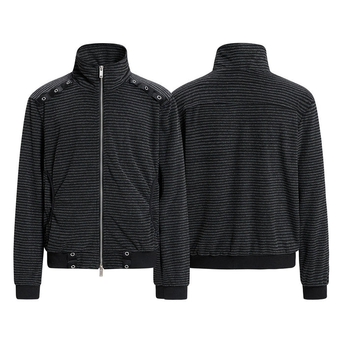 Black and gray striped stand-collar zip-up jacket shown from front and back with grommet details