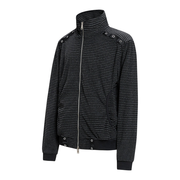 Front three-quarter view of a black and gray striped jacket with stand collar, zipper, and grommets