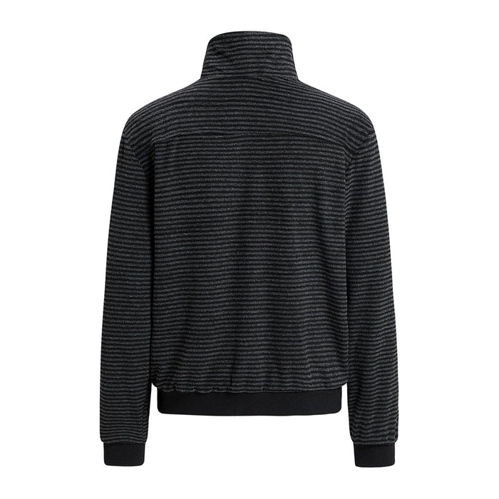 Back view of a black and gray striped jacket with a raised stand collar and ribbed hem