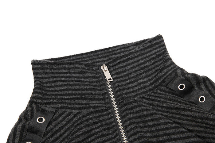 Close-up of the striped jacket's stand collar, front zipper, and shoulder grommet detail
