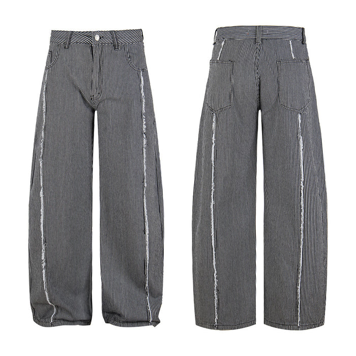 Black and white vertically striped wide-leg jeans shown front and back with frayed deconstructed seams