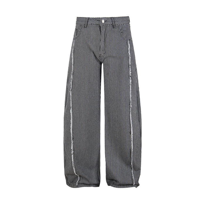 Men's navy and white pinstripe wide-leg jeans with frayed deconstructed seams, front and back view