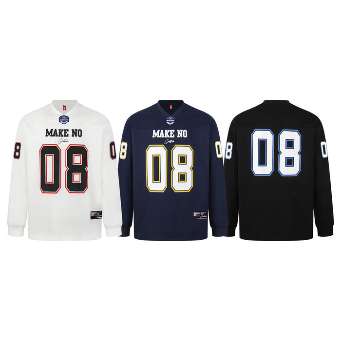 Men's oversized V-neck football jersey long sleeve shirt with 08 number graphic in black, white, and navy colorways