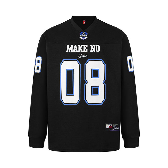 Black long-sleeve football jersey front with white and blue number 08, Make No lettering, and V-neck collar