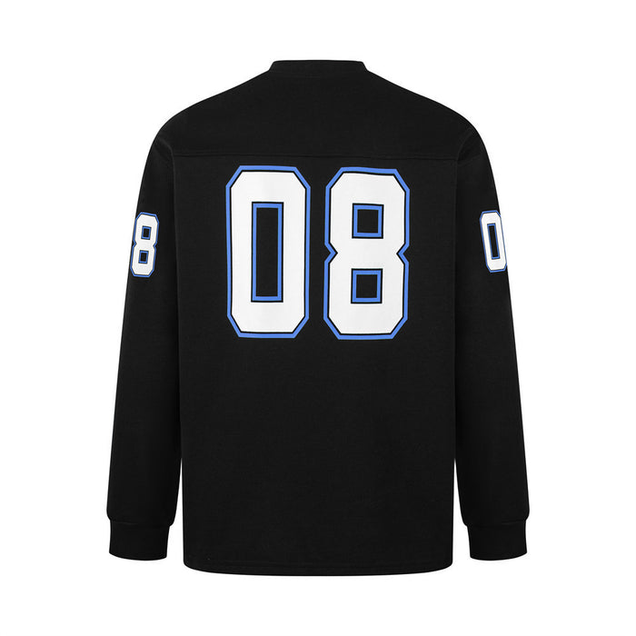 Black long-sleeve football jersey back featuring a large white and blue outlined number 08