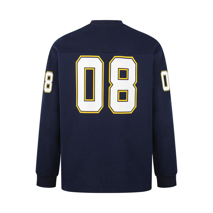 Navy blue football jersey back showing a large white number 08 outlined in yellow